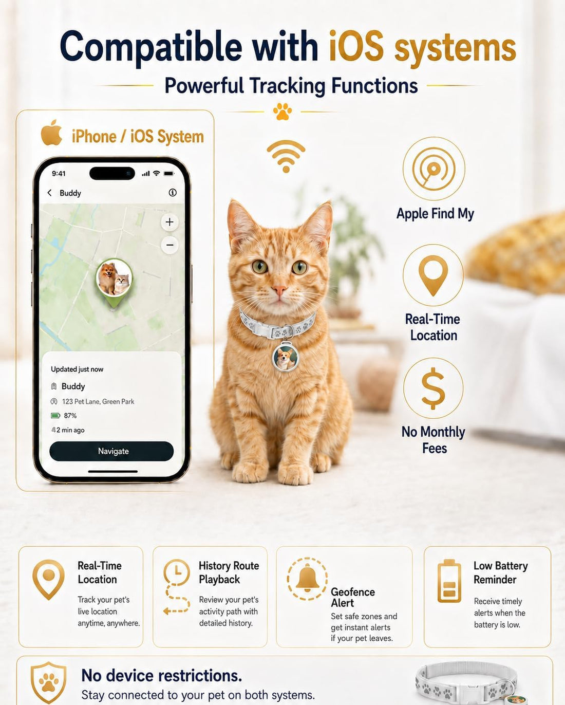 Cat GPS Tracker Collar & Dog Mini Tracker, No Monthly Fee Location