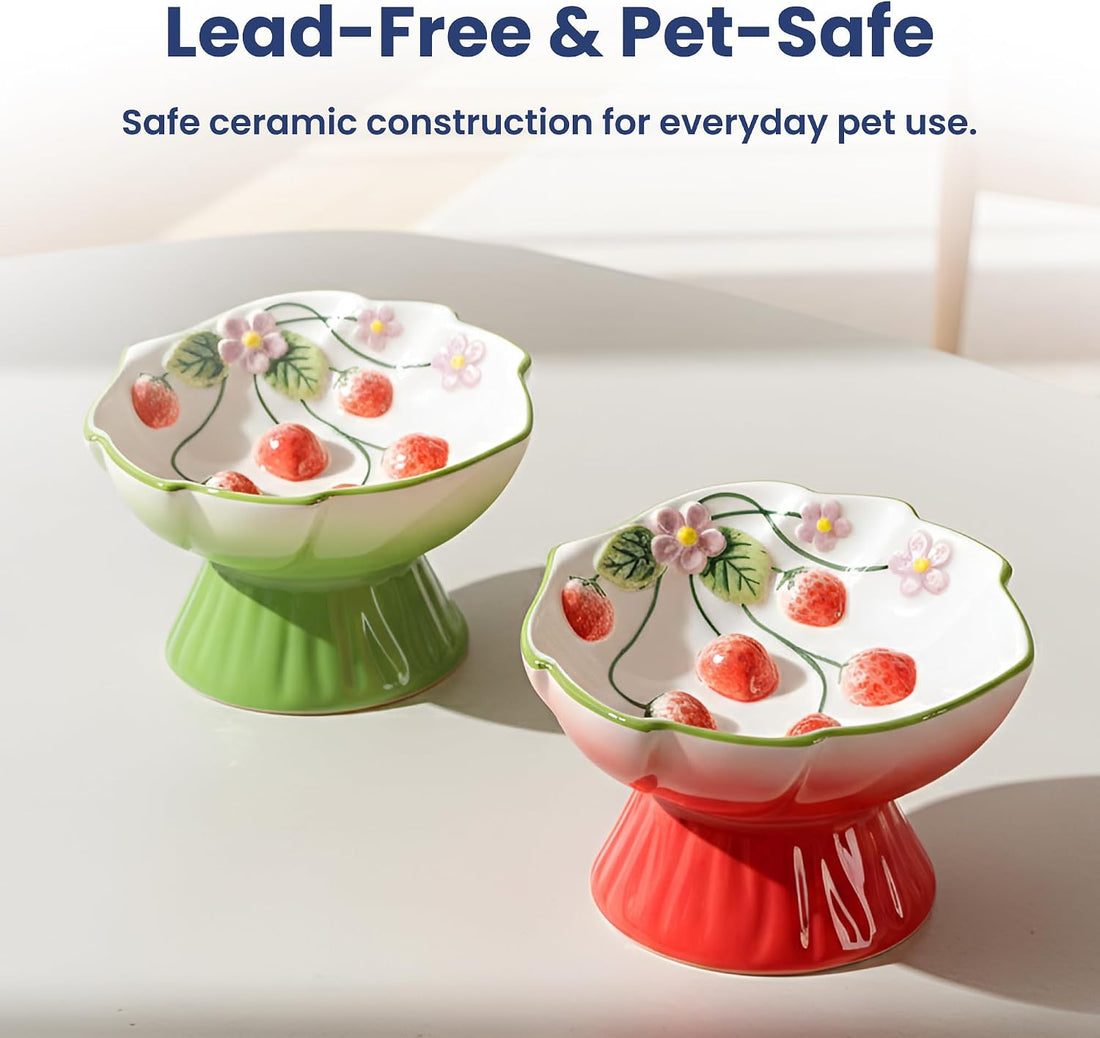 Elevated Cat Food Bowl with Strawberry Blooms by PawsPik