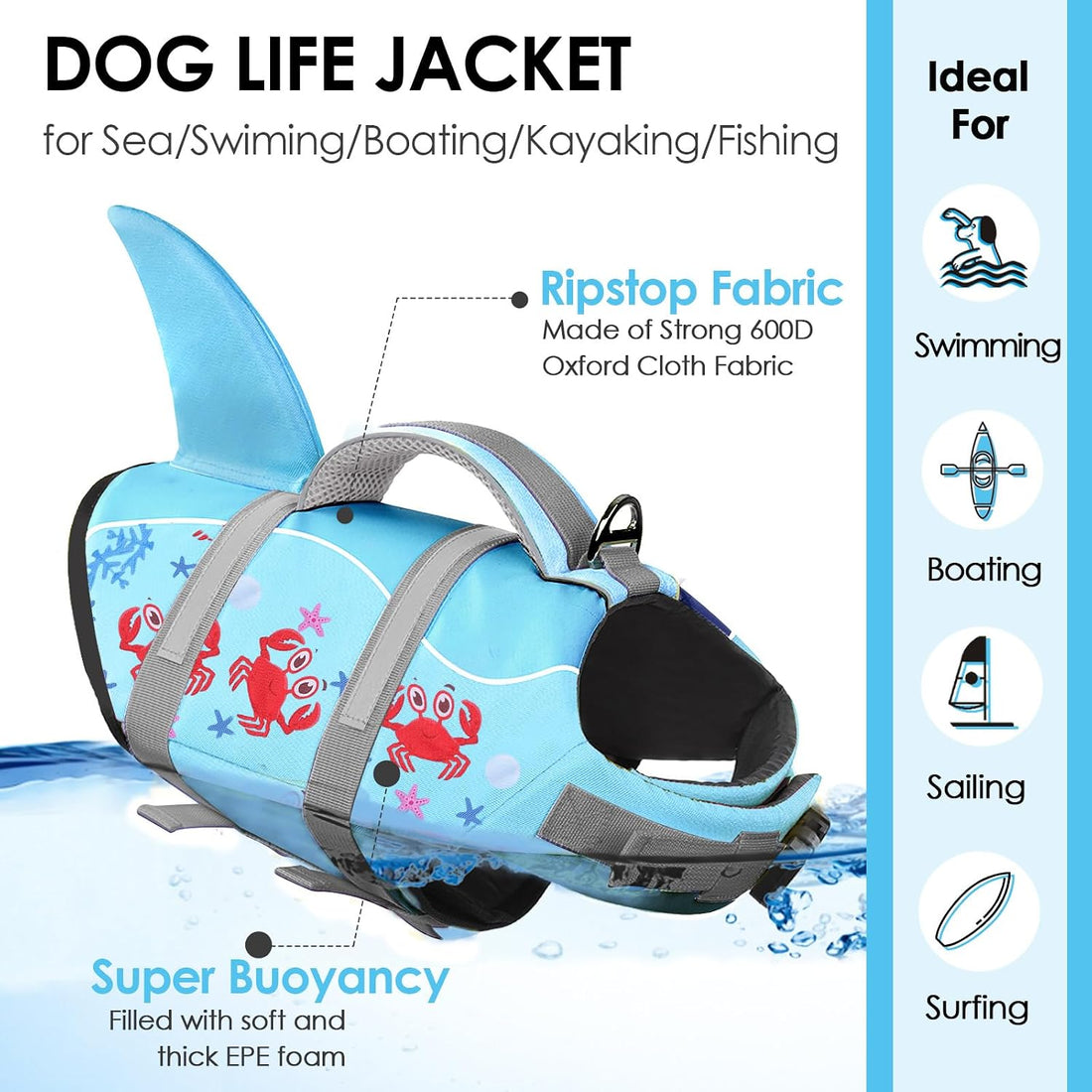 AOFITEE Dog Life Jacket High Buoyancy Shark Dog Life Vest for Swimming