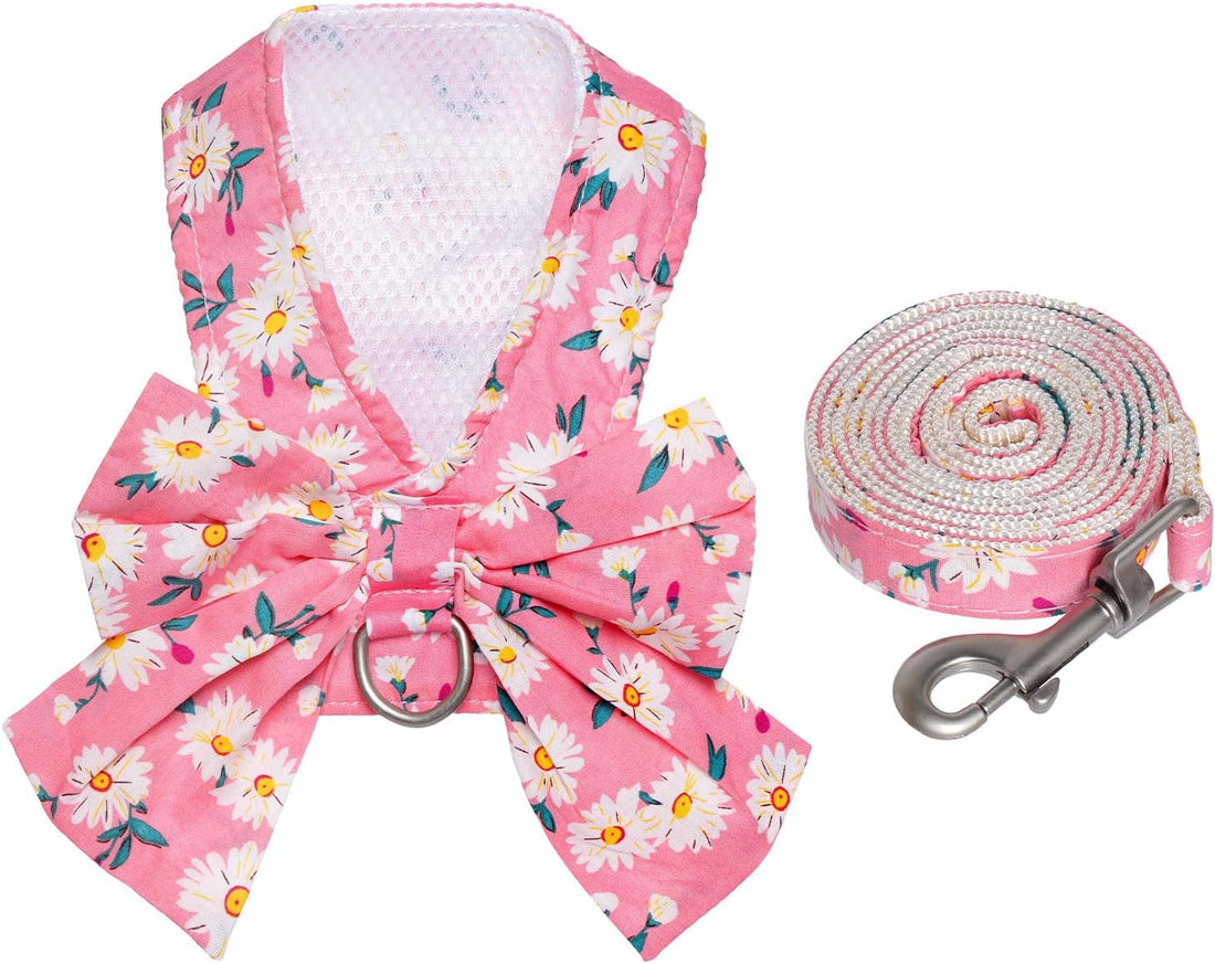 Dog Harness and Leash Set Adjustable Puppy Harness Mesh Vest Set Bow