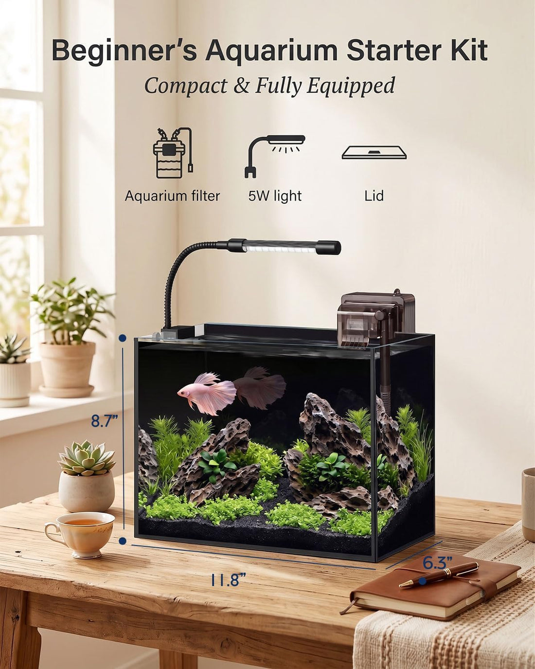 2.5 Gallon Nano Aquarium Starter Kit, Rimless Glass Fish Tank