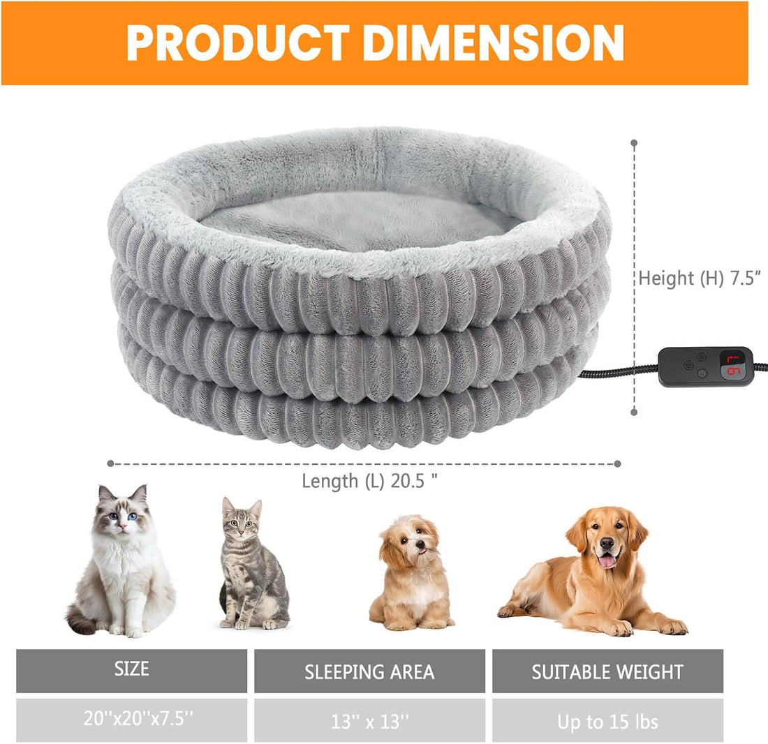 Heated Cat Bed Indoor, 20" Round Donut Deep Sleep Calming Heated Pet