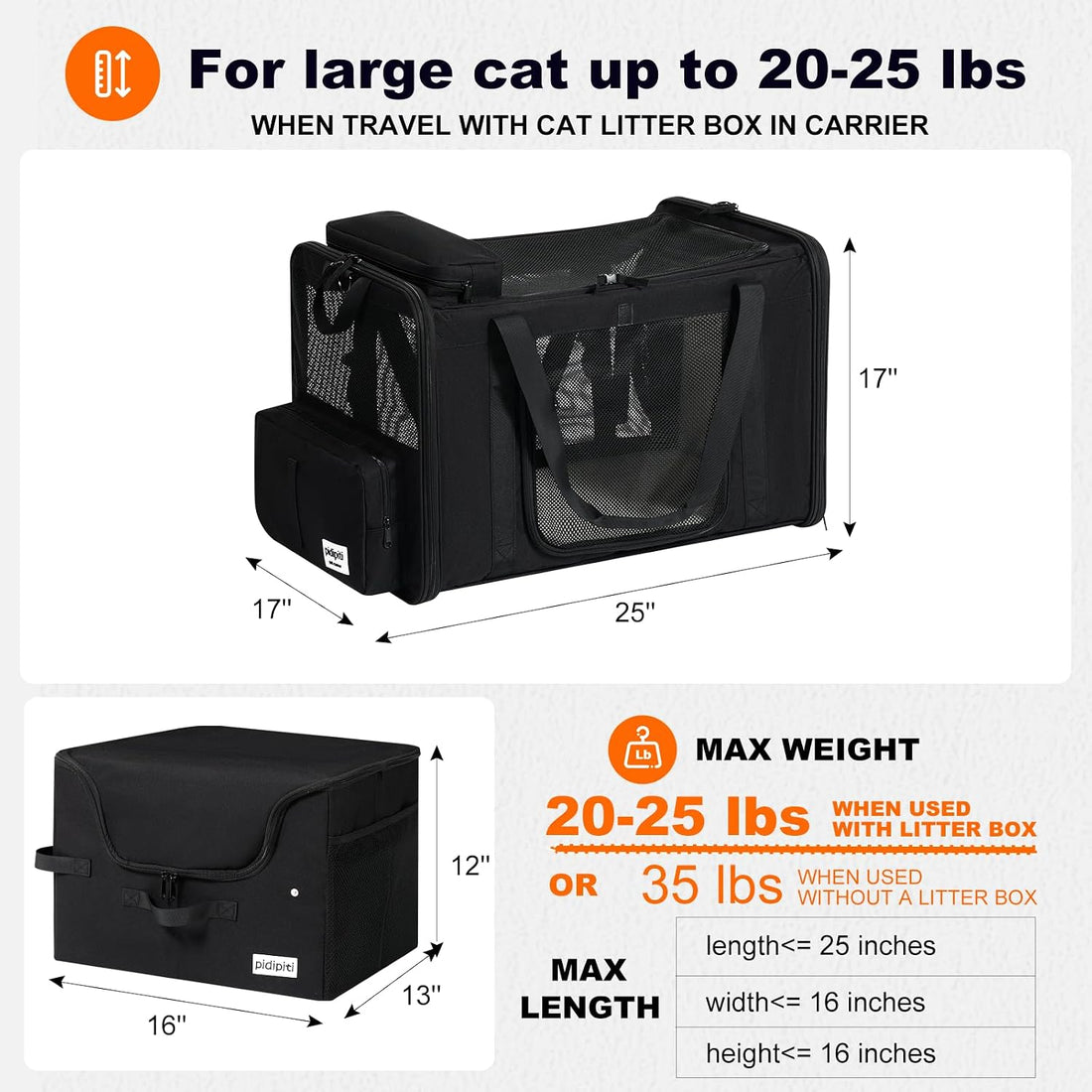 pidipiti 25x17x17 Extra Large Expandable car cat Carrier with