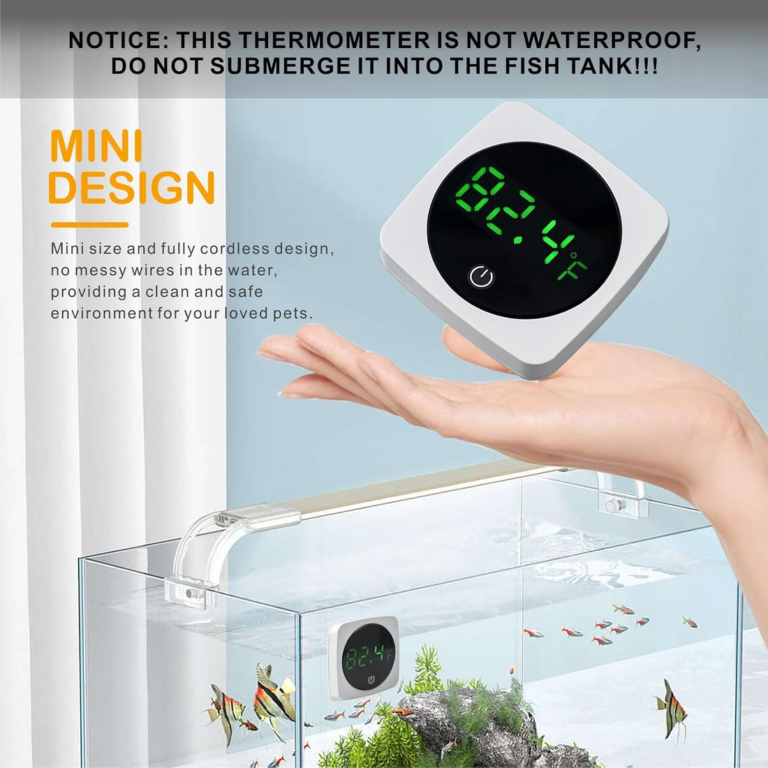 Aquarium Thermometer w/LED Touch ±0.9°F Stick On Fish Tank Betta