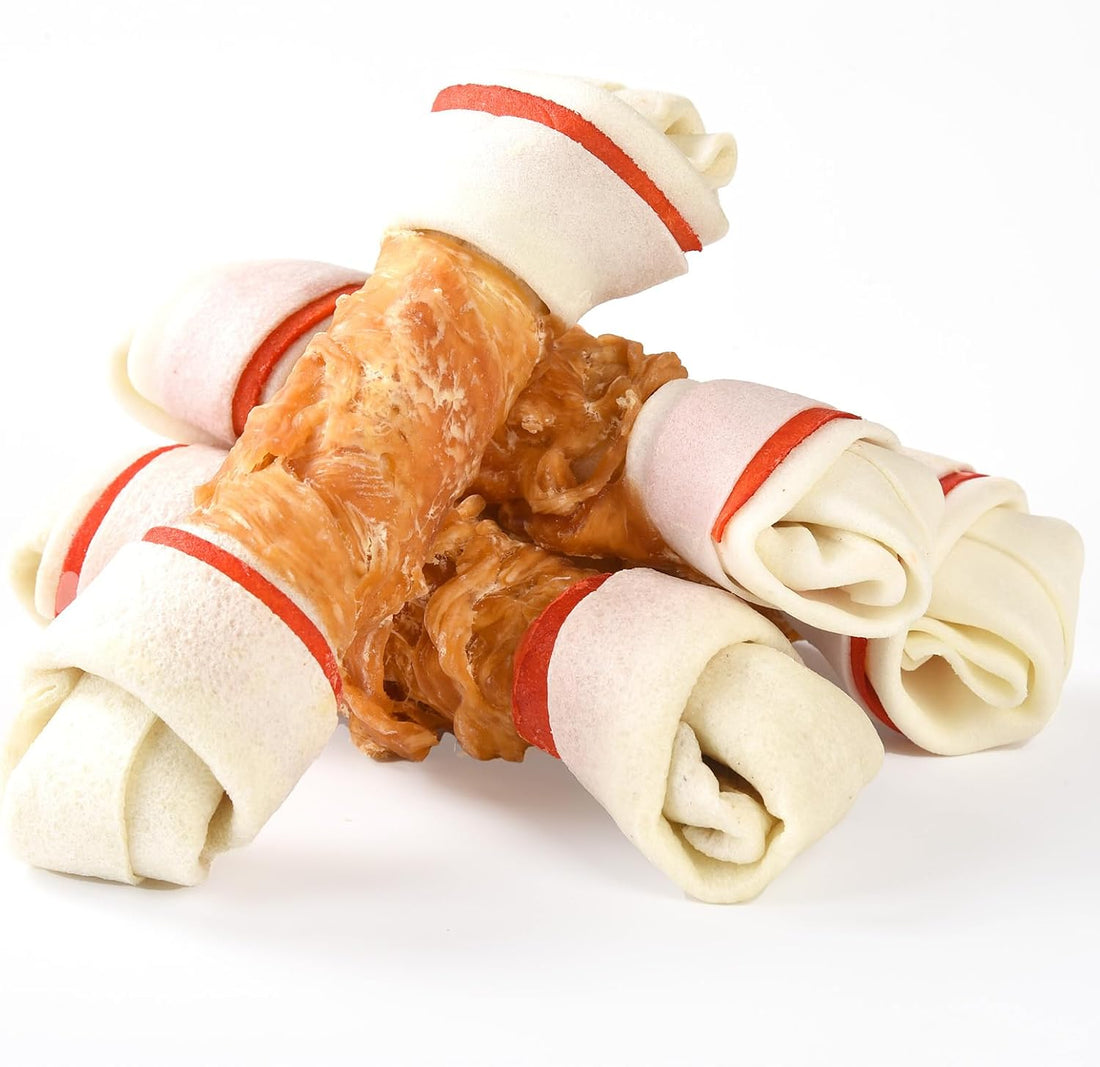 Dog Treats Chews, 6.5" Chicken Wrapped Rawhide Knotted Bones