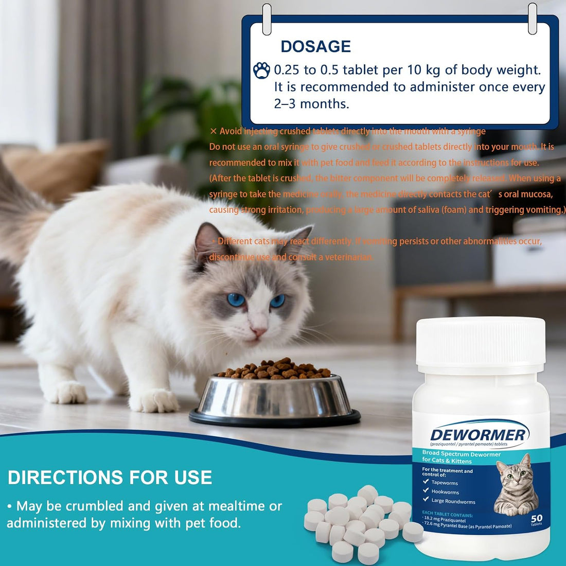 Cats and Kittens Broad-Spectrum Dewormer, 50 Tablets, for Tapeworms
