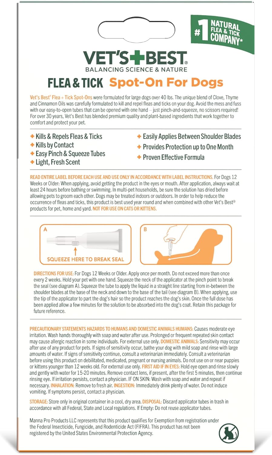 Vet's Best Flea & Tick Drops for Large Dogs, Flea Protection