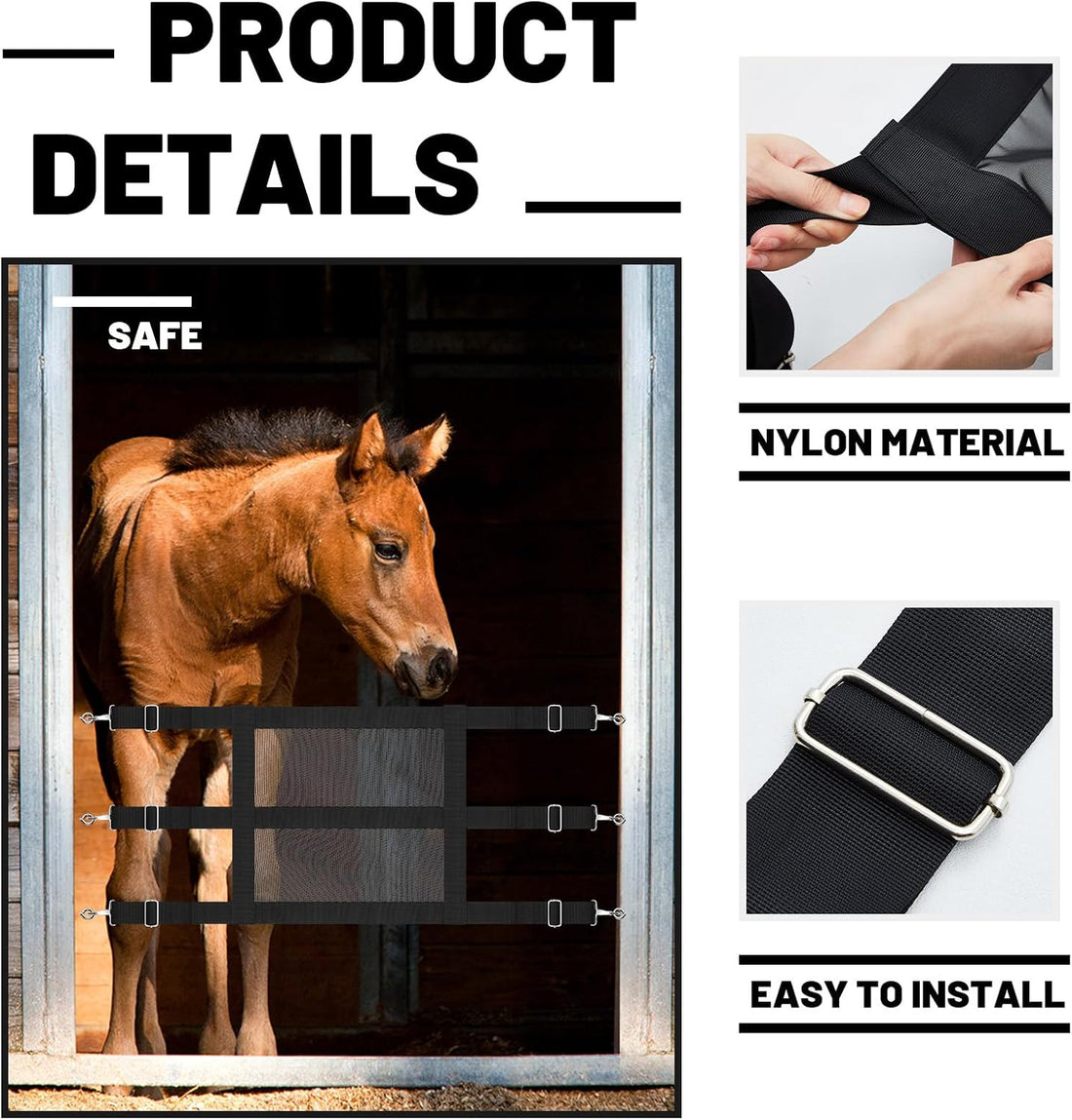 Horse Stall Guard, 57 x 18 Inch Adjustable Nylon Black Mesh Gate