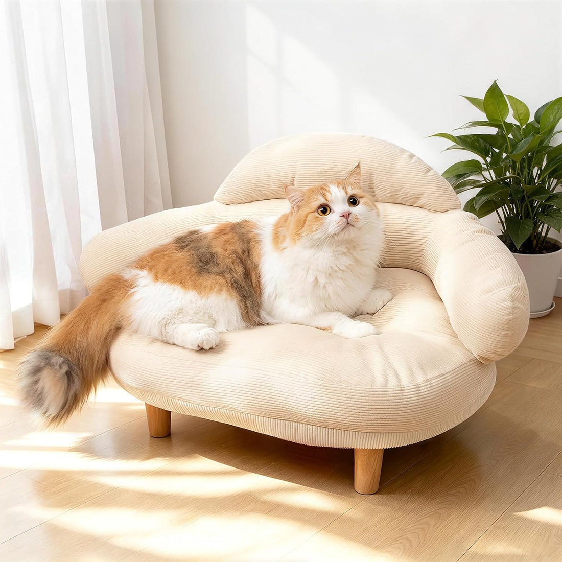 Kitten White Cat Sofa Bed, Pet Couch with Pine Wood Legs