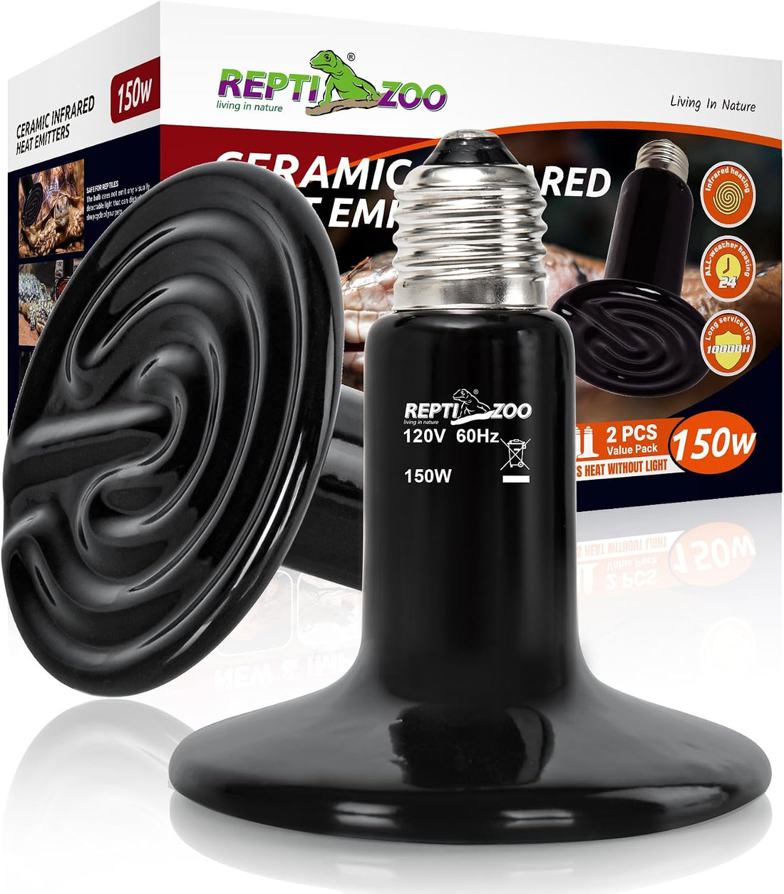 REPTI ZOO 100W Reptile Heat Lamp 2Pack Ceramic Heat Emitter Night