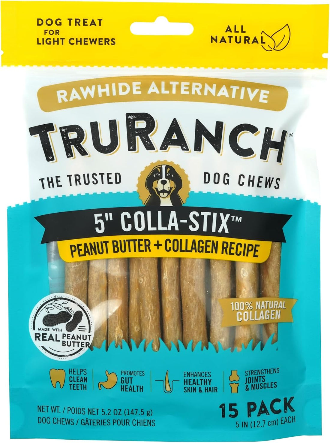 TRURANCH 5" Collagen Sticks for Dogs, Rawhide Free, Beef, 45 Ct