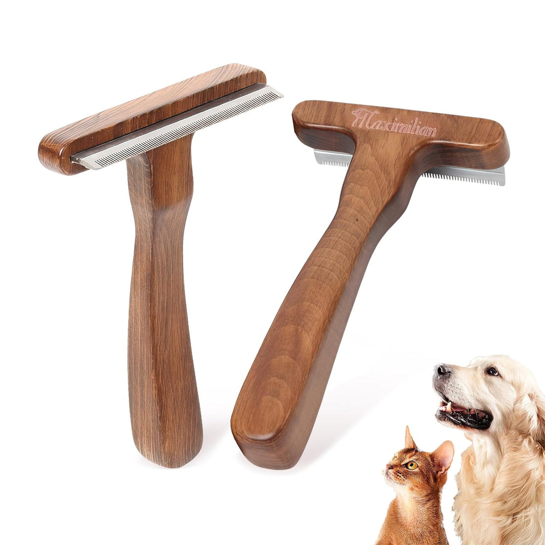 MaximiLian Medium T-Shaped Deshedding Dog Brush with Solid Wood Handle