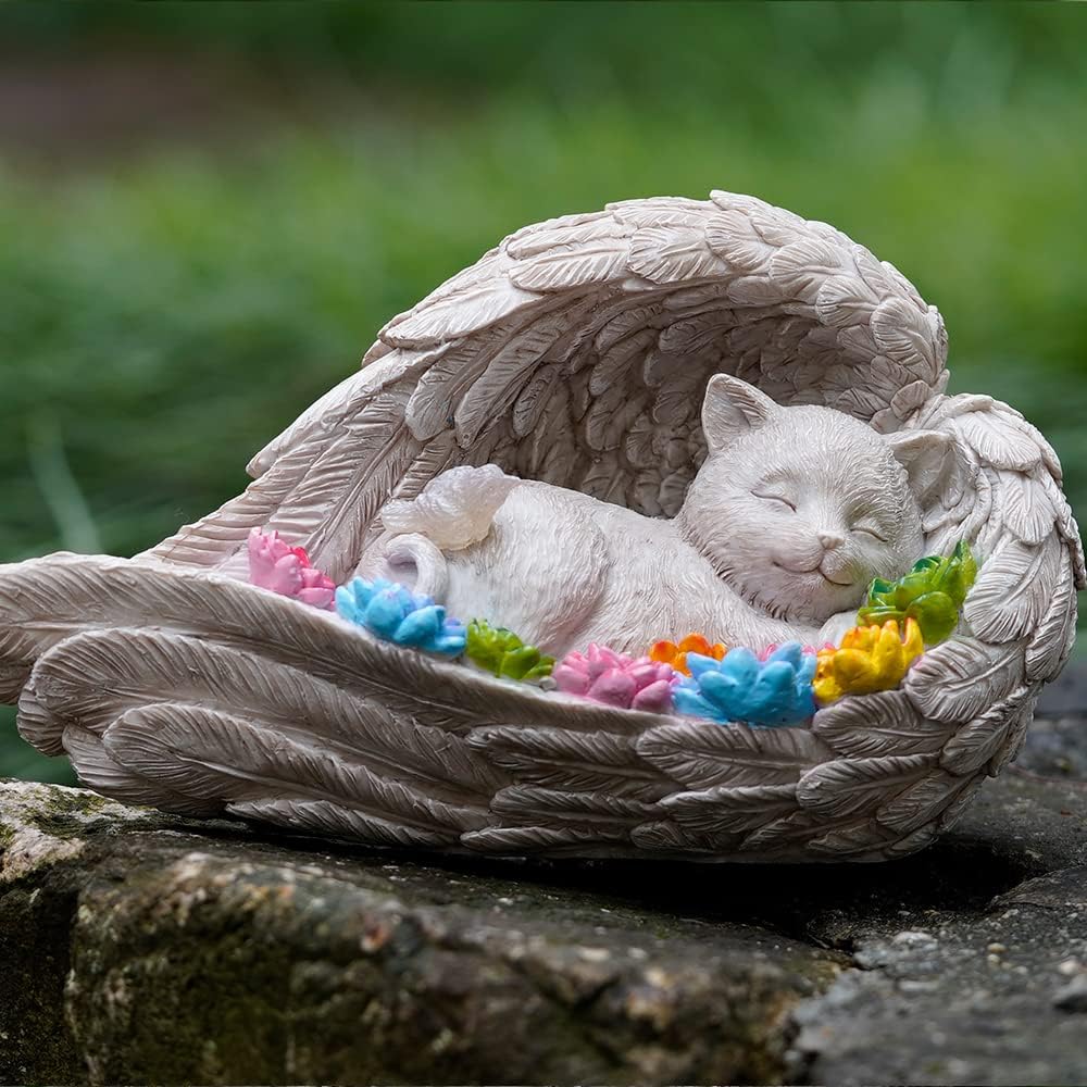 VKEVOC Cat Memorial Stone,Solar Angel Cat Statue Figurine