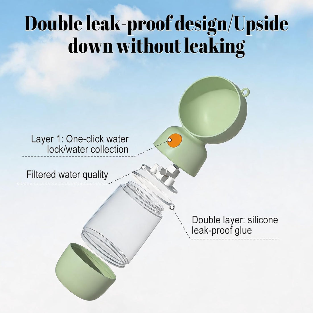 Portable Dog Water Bottle with Food Container 2 in 1(13.5oz Green)