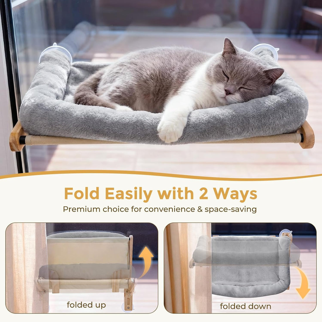 Pecute Cat Window Hammock Foldable, Cat Bed with Soft Cushion Grey