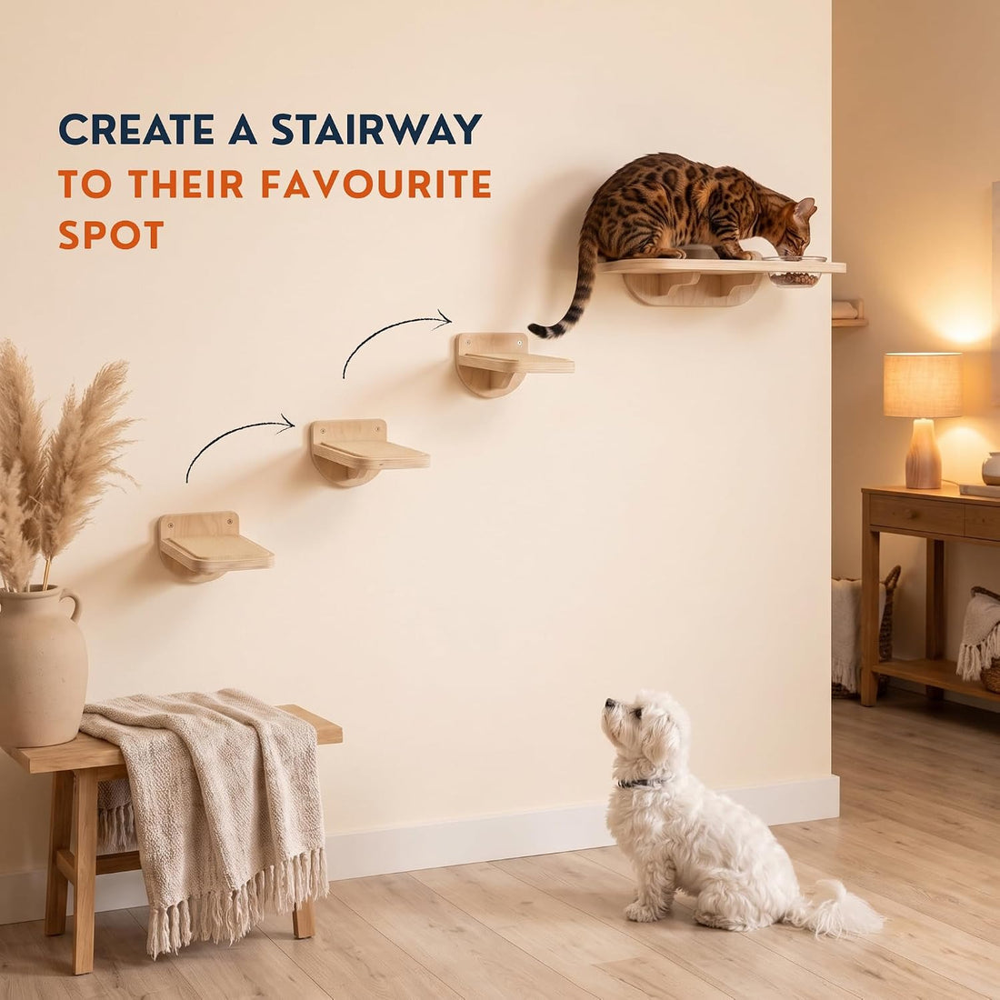 INICIO Cat Wall Stairs, Natural Wood