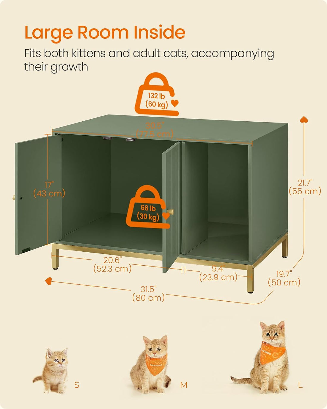 Feandrea Cat Litter Box Enclosure, with Scratching Mat, Tall Legs
