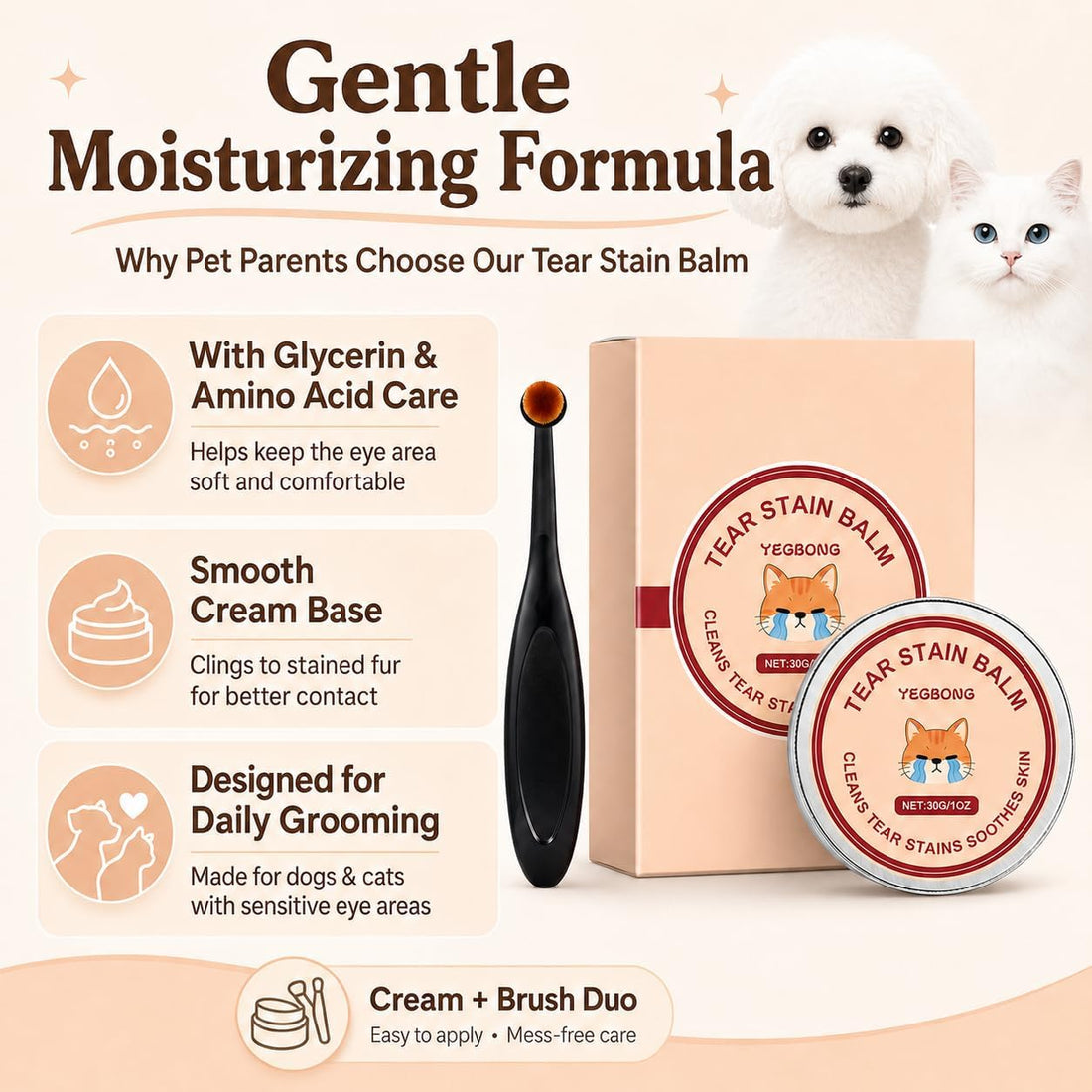 Tear Stain Remover Balm for Dogs & Cats with Soft Brush