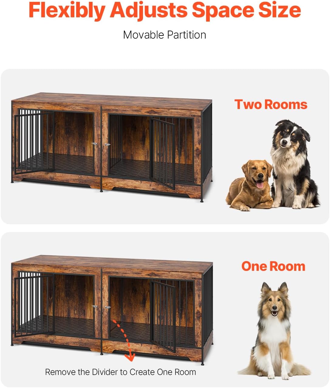 VEVOR 75 inch Dog Crate Furniture for 2 Dogs, Divider, Double Doors