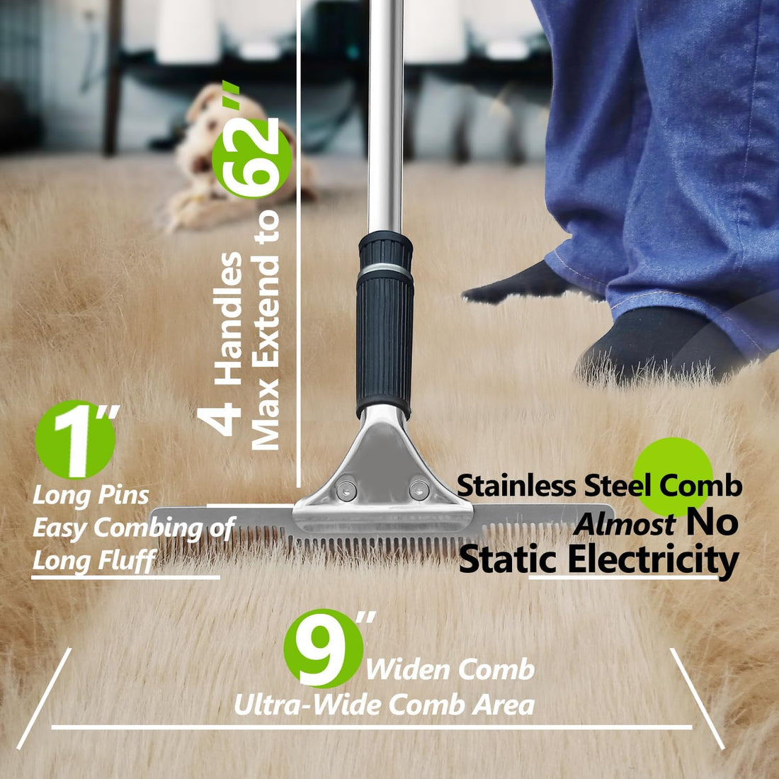 Pet Hair Carpet Rake, Multi-Surface Brush & Broom for Fluffy Rugs