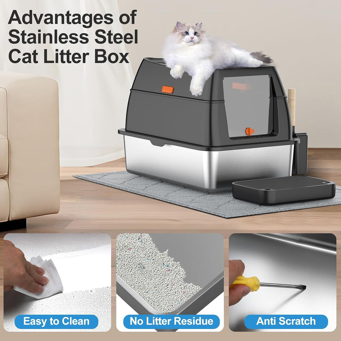 Stainless Steel Litter Box with Lid,Front Entry Top Exit Kitty