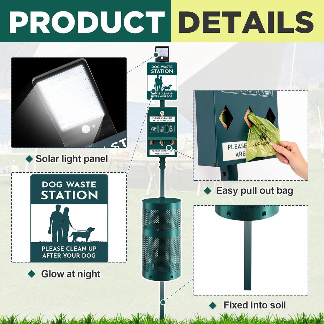Tujoe Dog Waste Station with Solar Panels Outdoor Light Up at