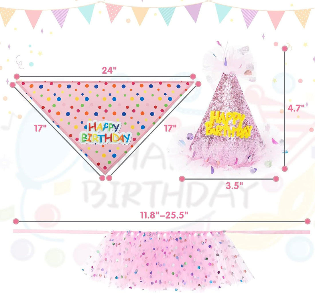 SCENEREAL Dog Birthday Bandana with Hat and Dress Girl Set
