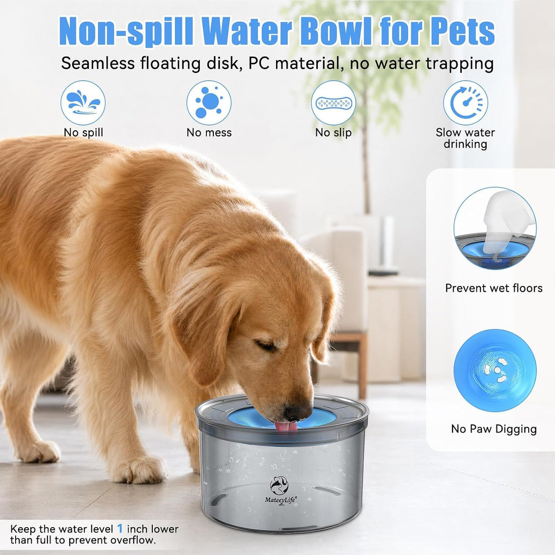 MateeyLife 1 Gallon Dog Water Bowl No Spill 3.8L Large Capacity Slow