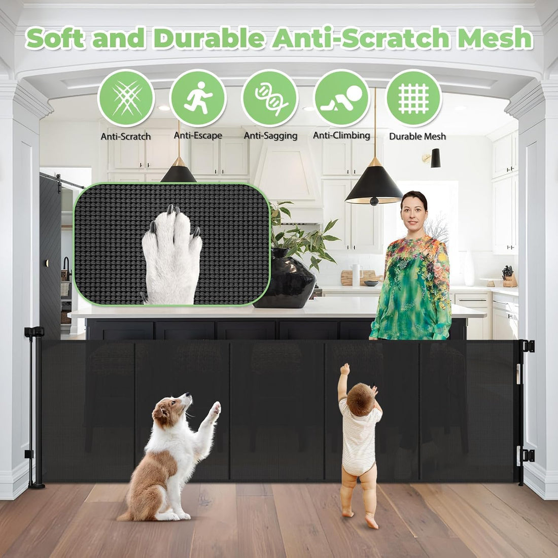 96 Inch Wide Reinforced Retractable Baby Gate with Support Rods
