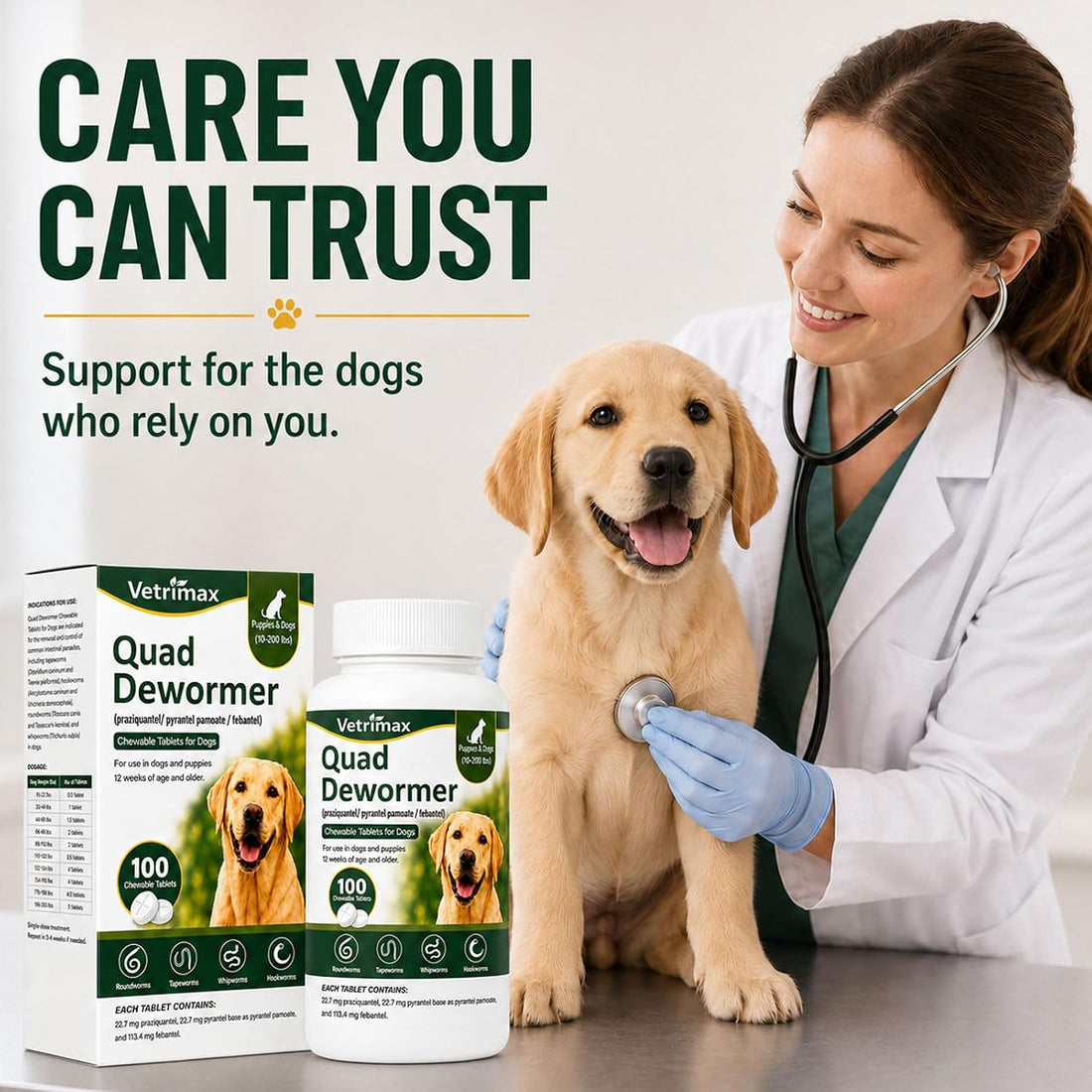 Quad Dewormer for Dogs, 4-Way Wormer for Whipworm, Tapeworm
