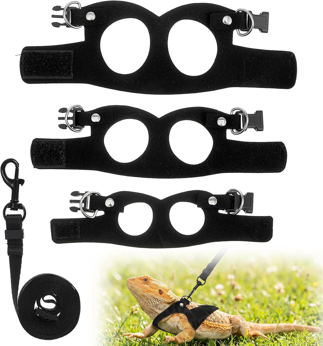 3 Pcs Bearded Dragon Leash Set, Black Bearded Dragon Harness Set
