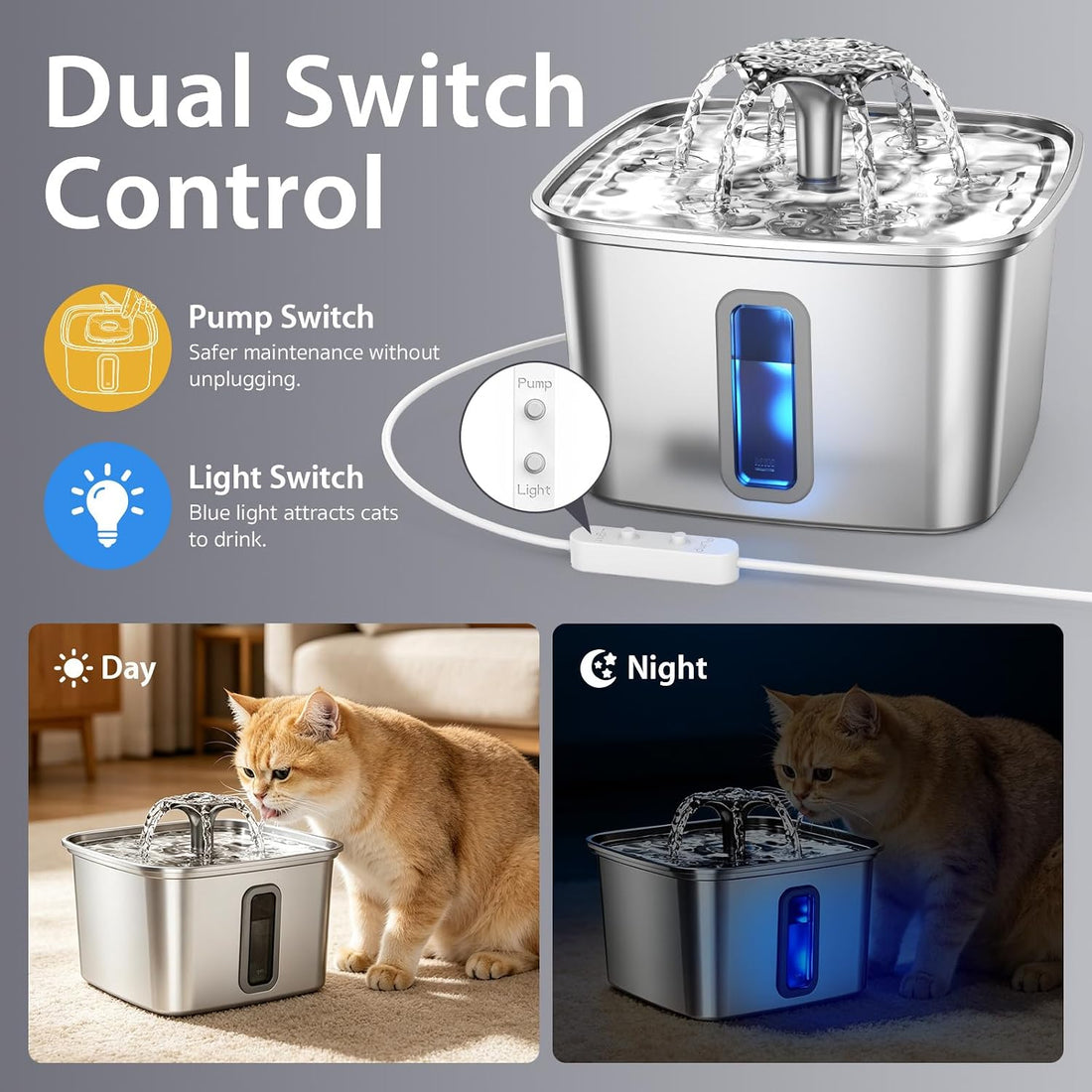 Veken Replacement Pump for 50oz, 95oz and 108oz Pet Fountain Cat Water Fountain Dog Water Dispenser Ultra Quiet Long Lifespan Water Pump, USB Cable, LED Lights