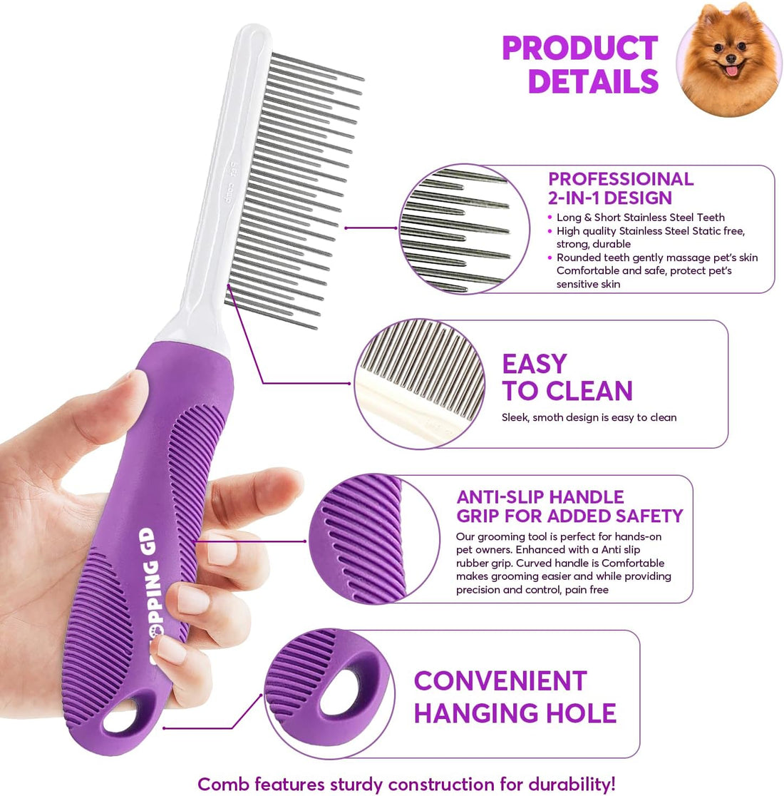 Detangling Pet Comb for Dogs & Cats with Long & Short Stainless Steel