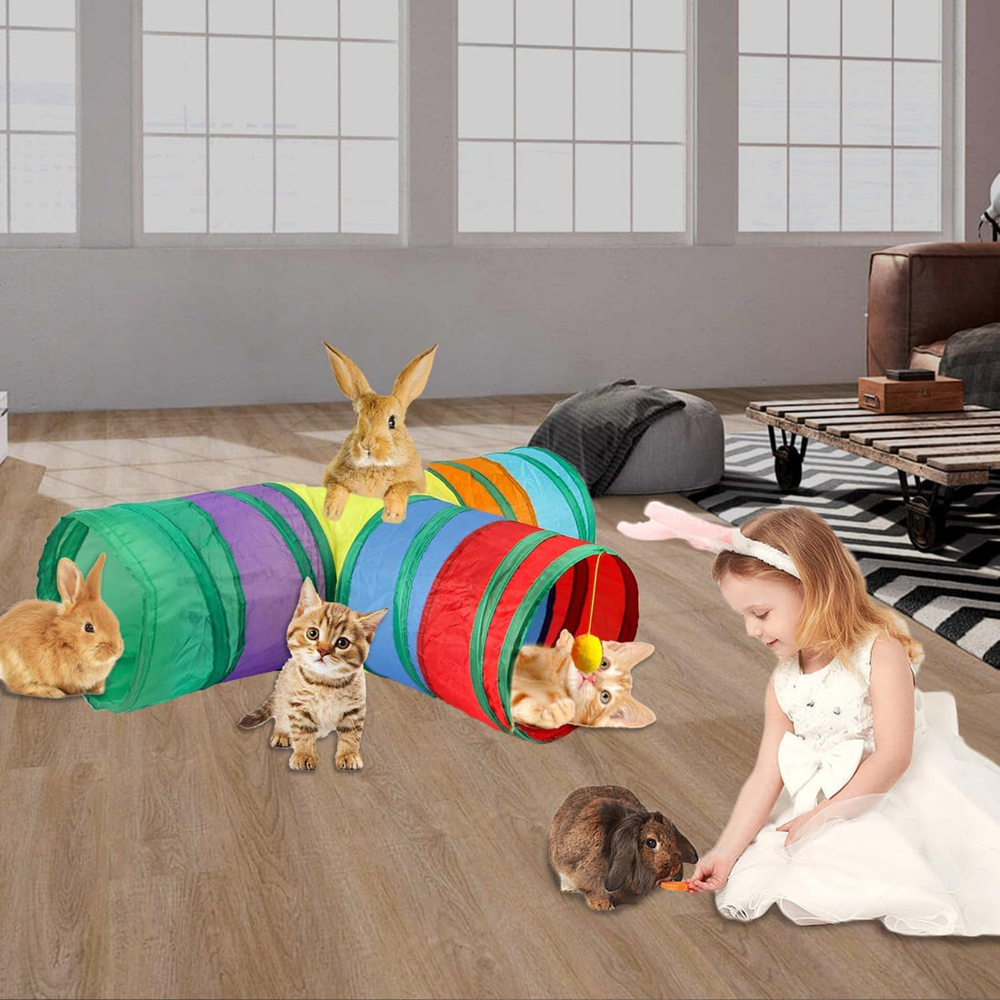 Rabbit Toys, Bunny Tunnels & Tubes, Collapsible 3 Way Rabbit Hideout
