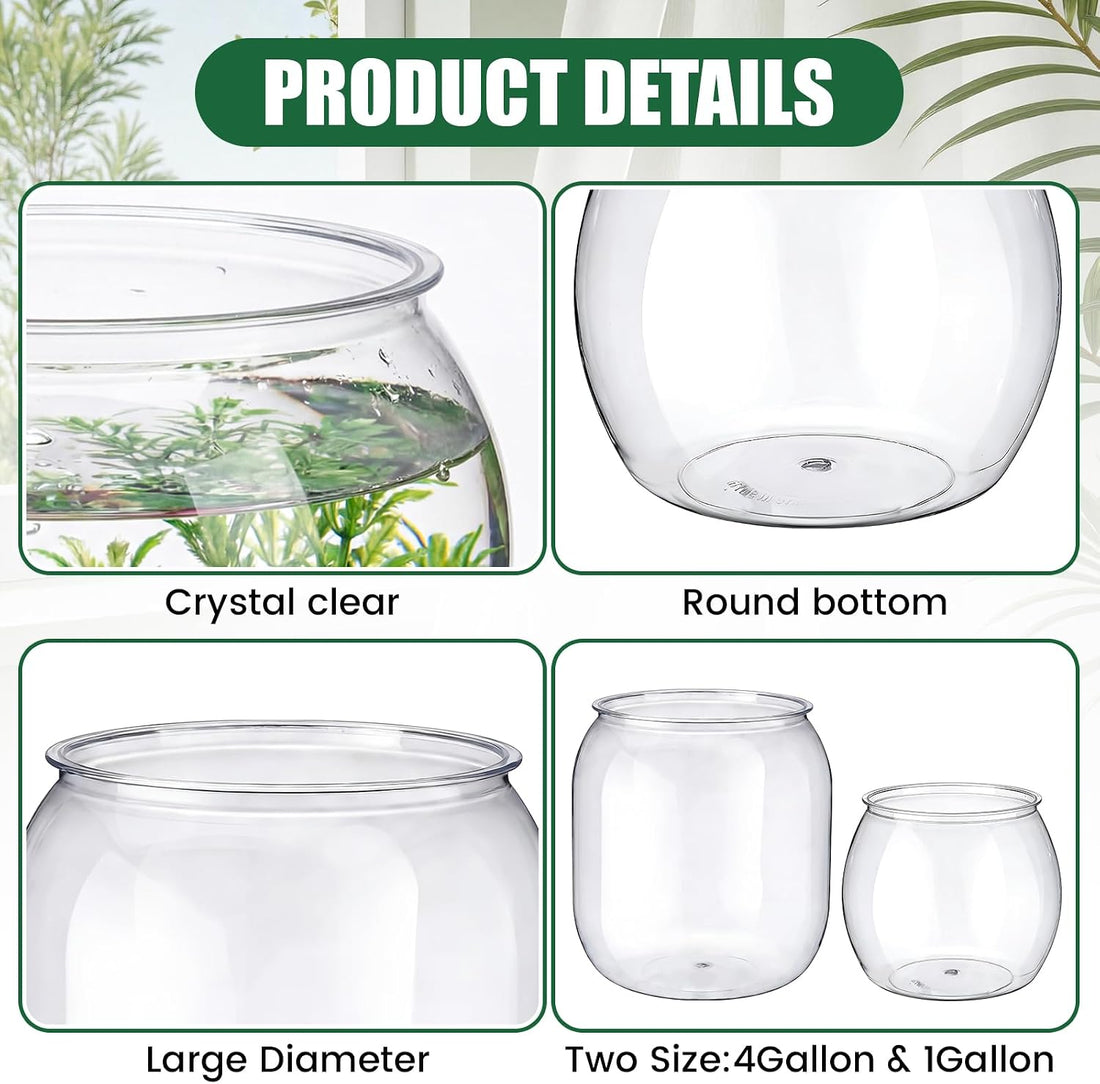 2 Pcs 4 Gallon & 1 Gallon Plastic Fish Bowl Large Round Clear Betta
