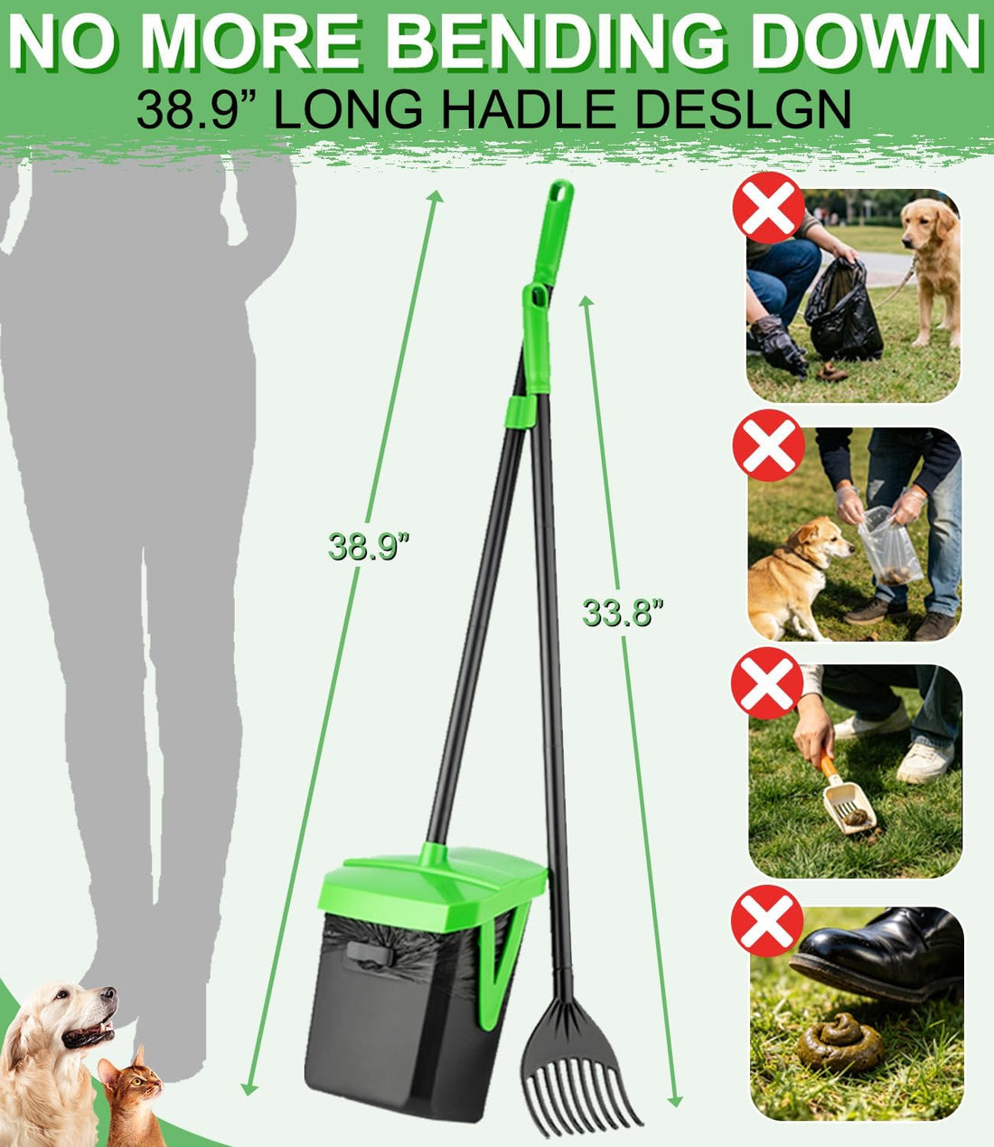 FUSBUNTY Pooper Scooper Swivel Bin & Rake with 100 Waste Bags