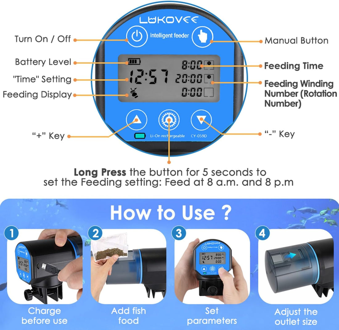 Lukovee Automatic Fish Feeder, Feeding Time Display, 200ML Capacity