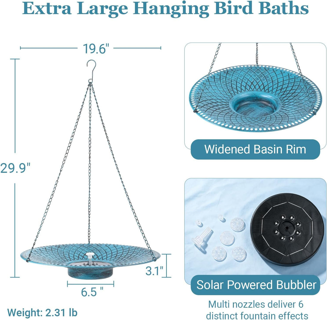 19.6" Large Hanging Bird Bath with Solar Fountain