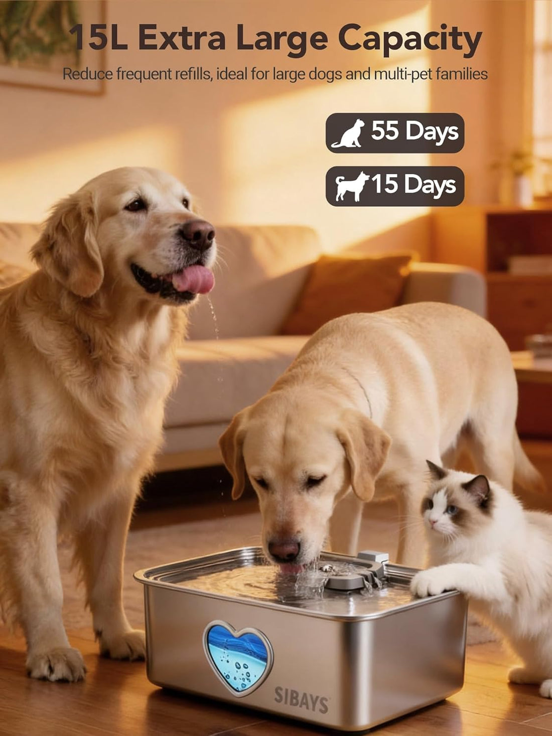 SIBAYS 15L Large Dog Water Fountain