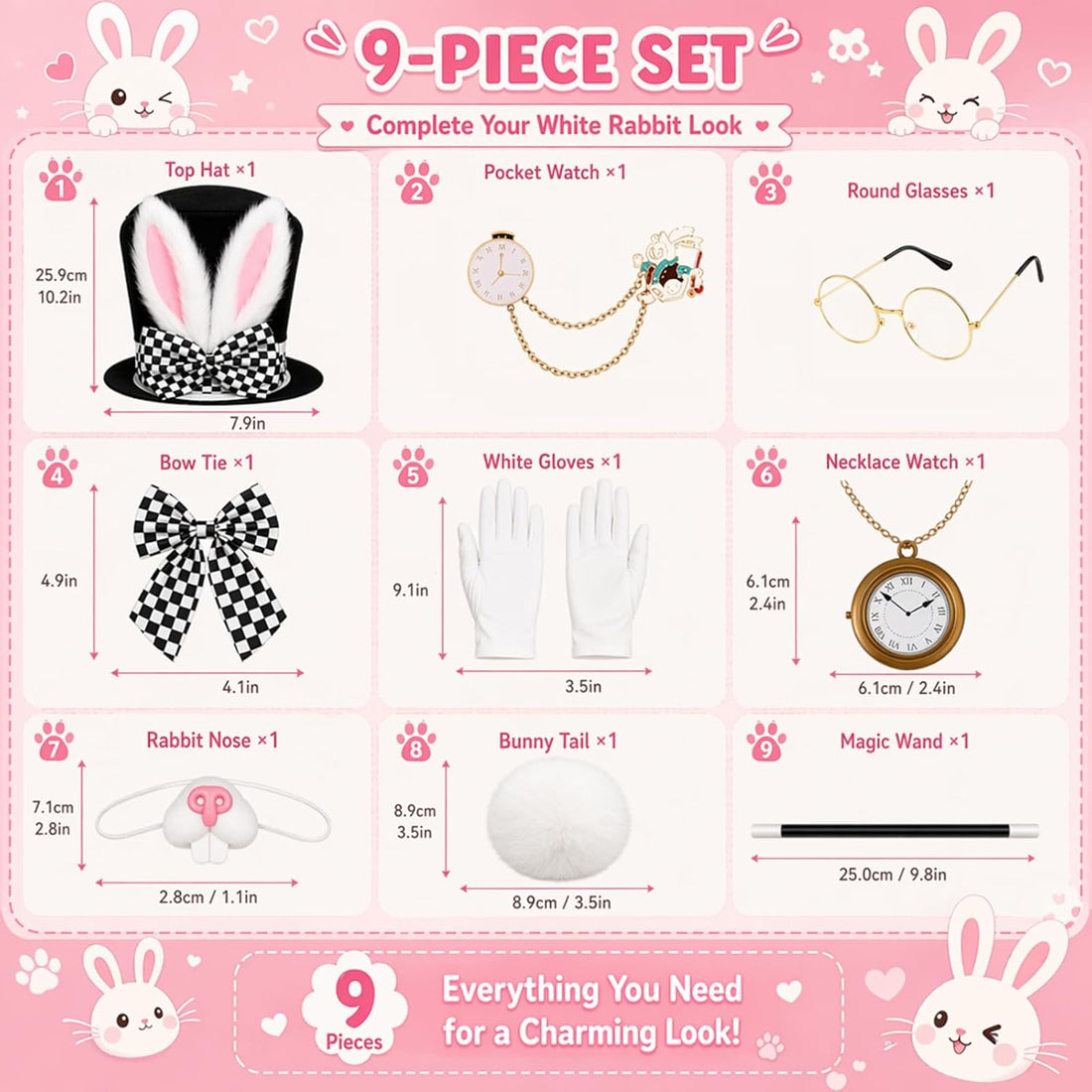 9PCS White Rabbit Costume, Halloween Costumes, Party Dress Up