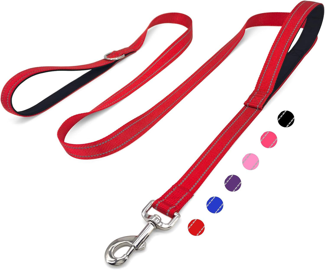 6 FT Black Nylon Reflective Dog Leash for Large Dogs with 2 Padded