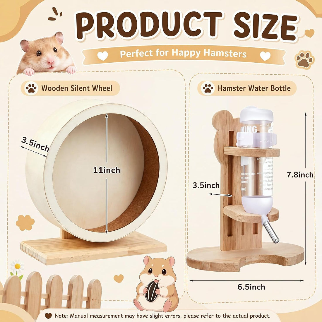 L, 11 Inch Wooden Silent Hamster Wheel with Water Bottle