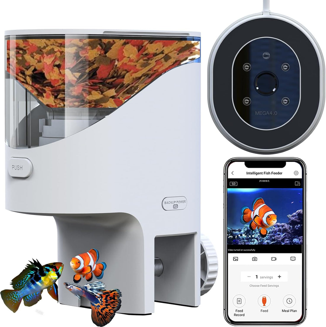 WiFi Automatic Fish Feeder for Aquarium, Flake Feeder with Camera