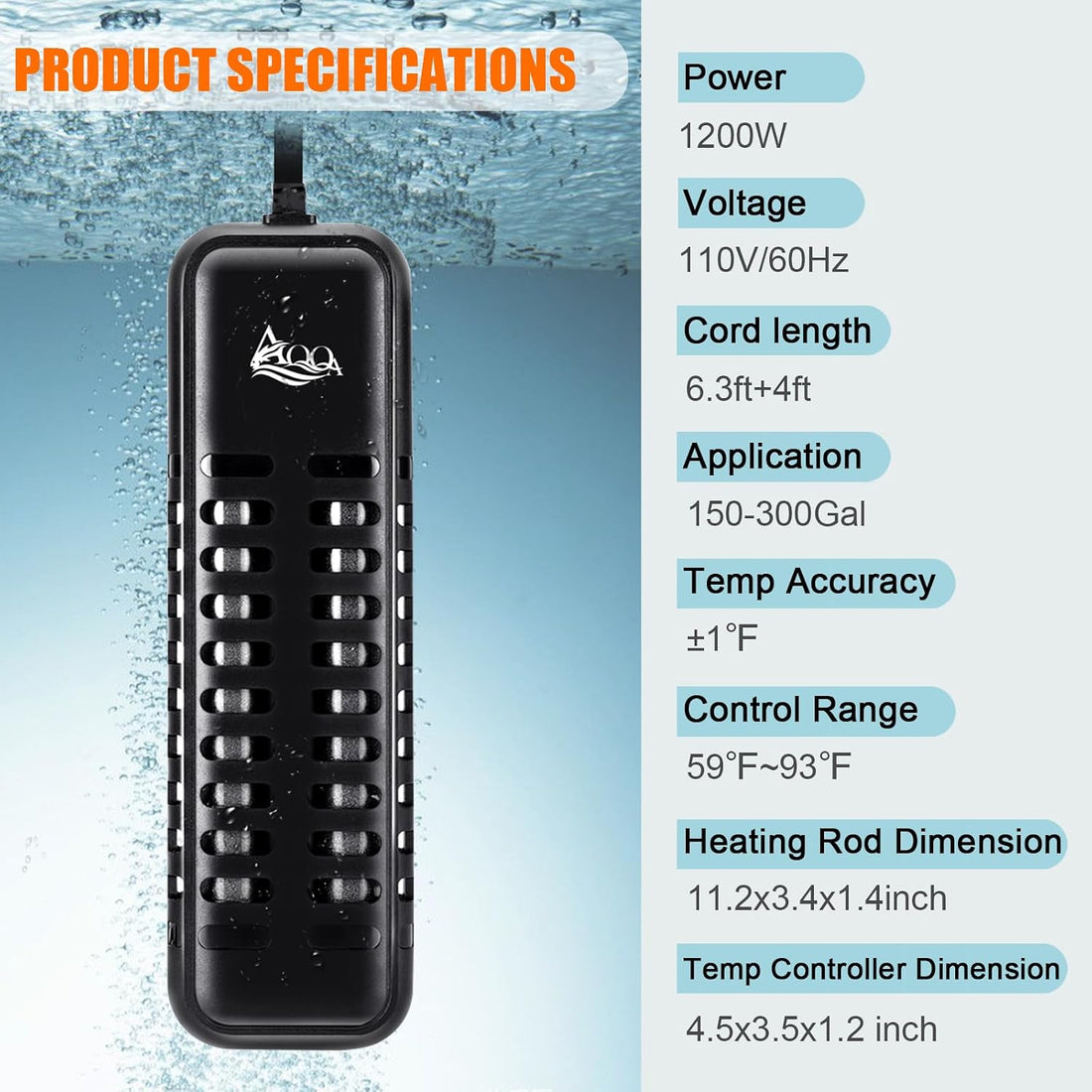 AQQA 1200W Submersible Aquarium Heater for Fish Tank 150-300 Gallon