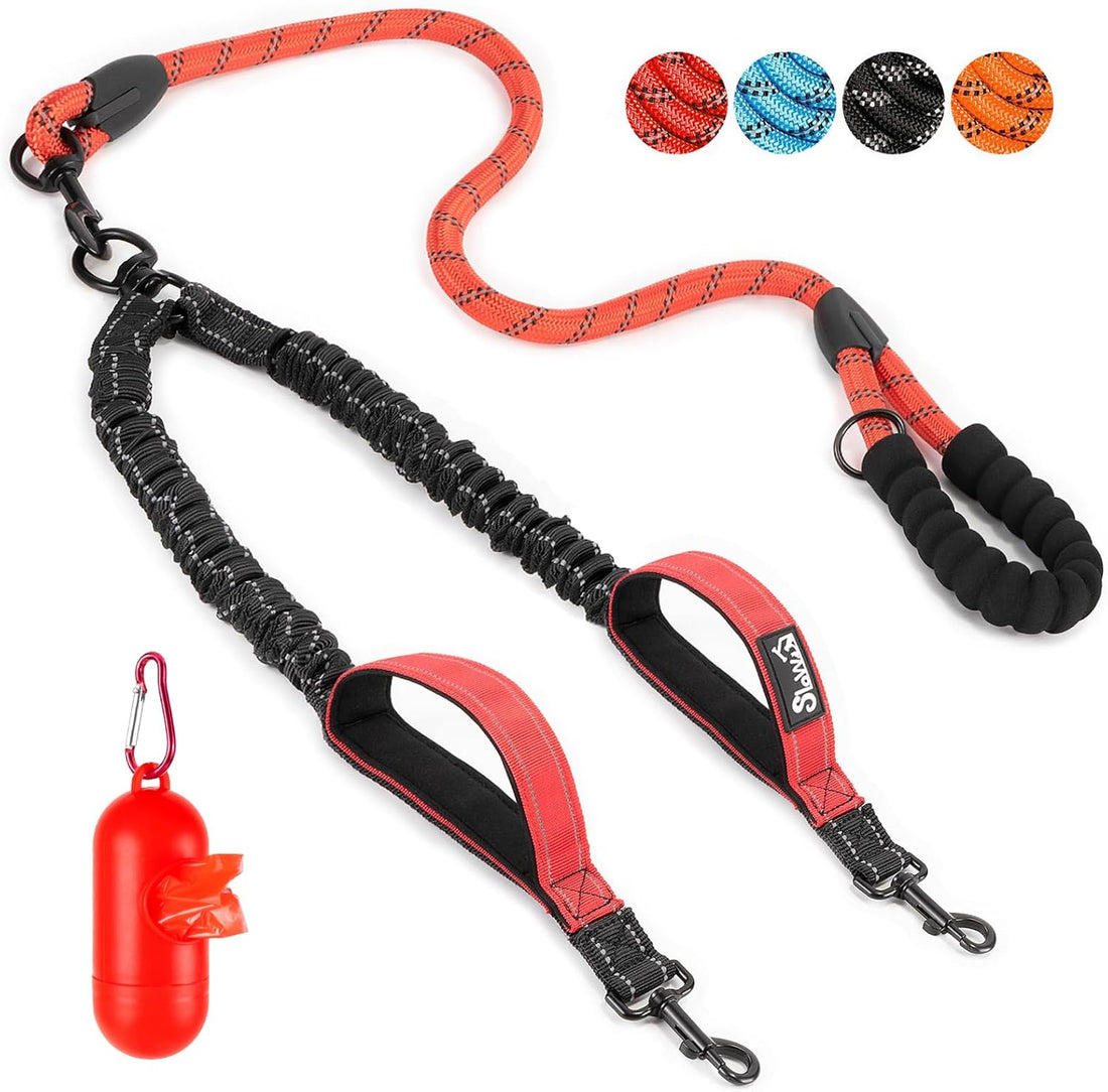 SlowTon Double Leash for Two Dogs, No Tangle & with Two Handles, Red L