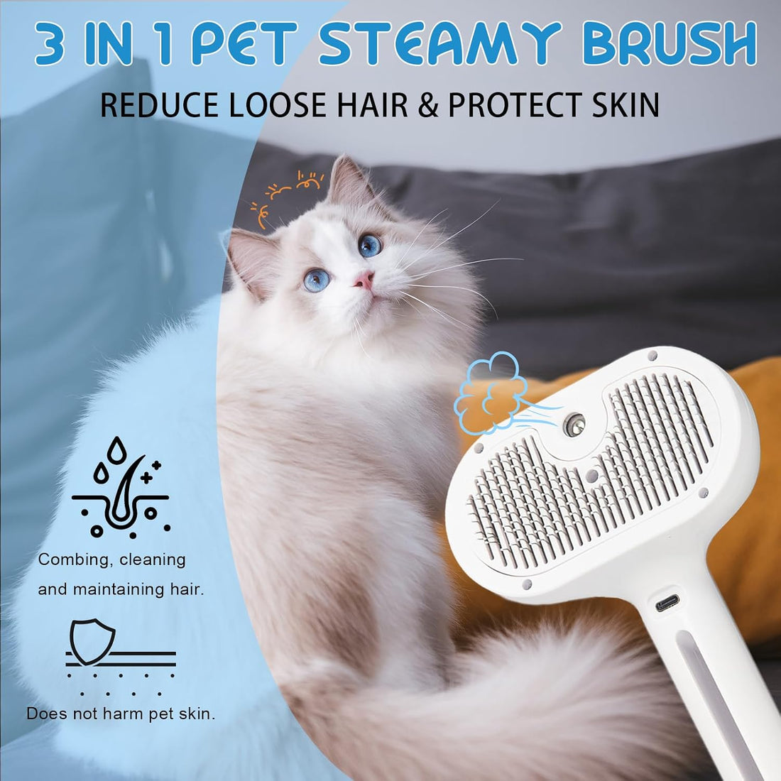 Pet Steam Brush for Cats & Dogs, Cool Mist Self-Cleaning Comb