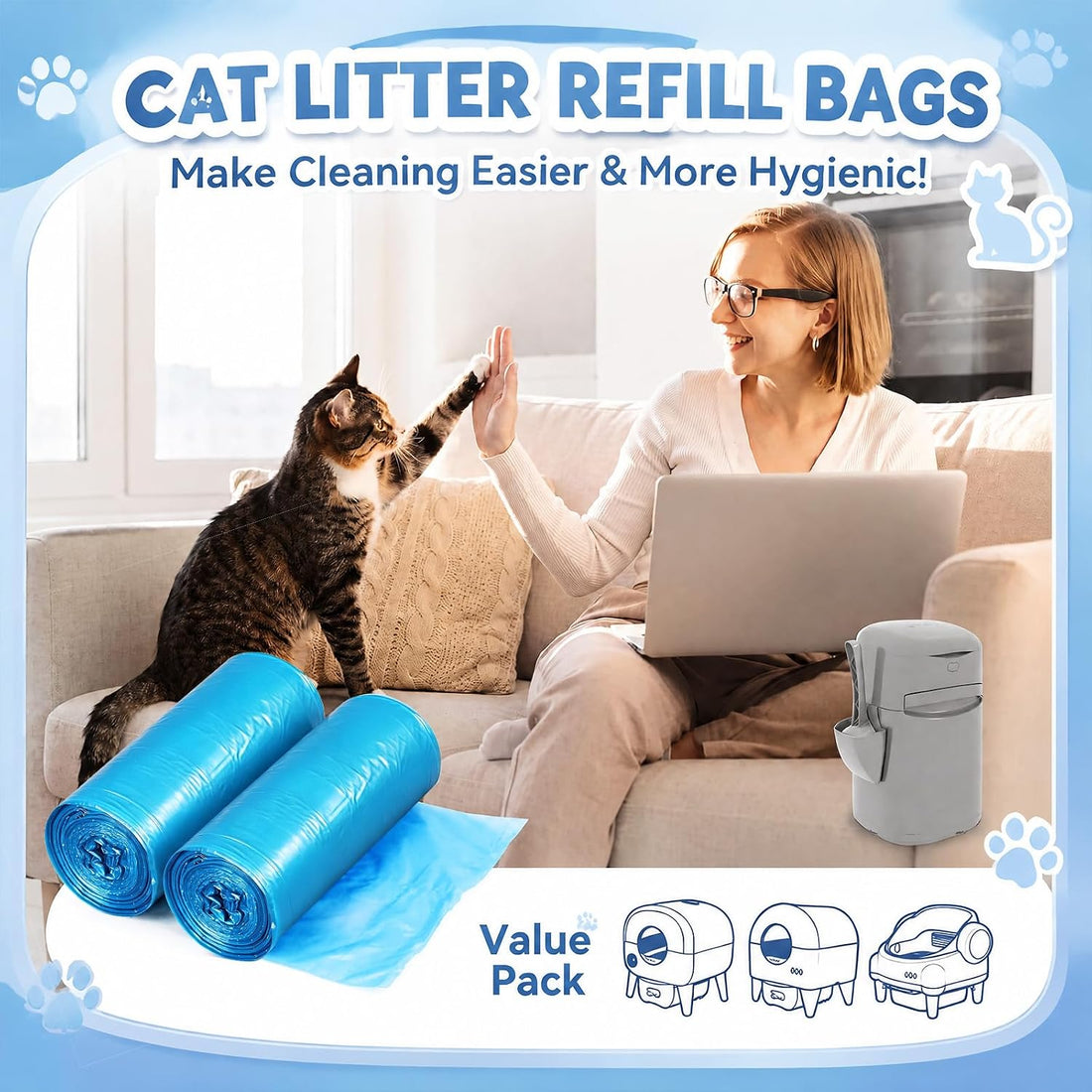 Glenmal 50 Count 2 Rolls Cat Litter Refill Bags, 7-Layer Odor Control