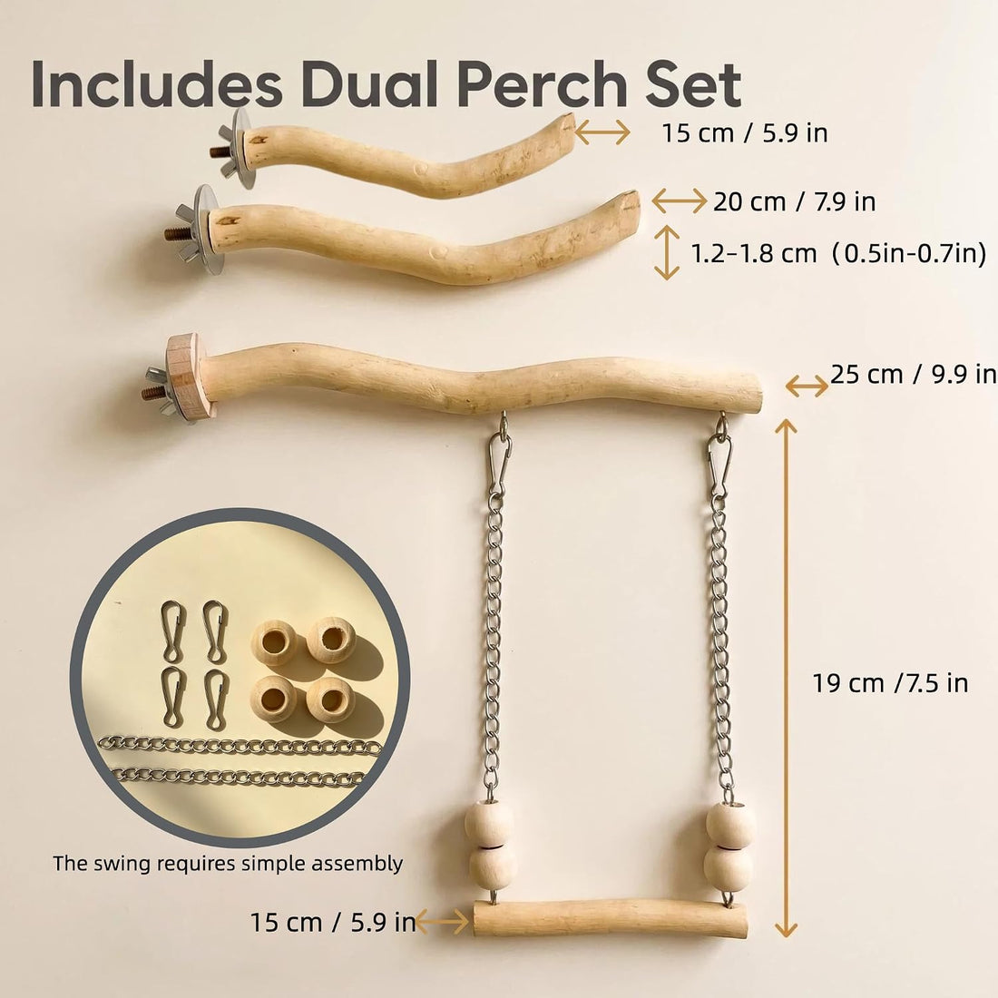 Bird Perch and Swing for Small Birds, Natural Wood Cage Accessories