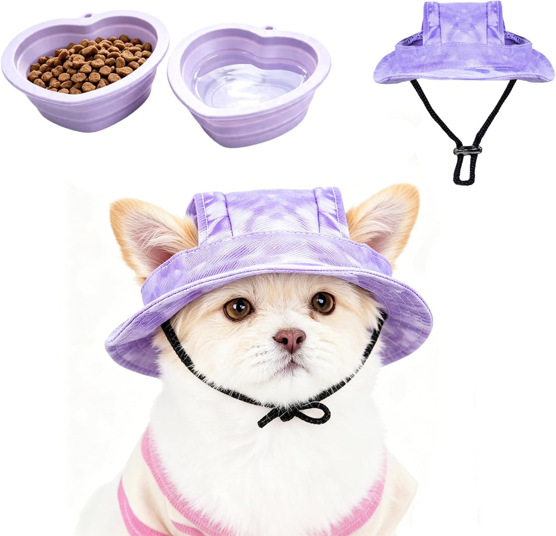 3 Pack Dog Collapsible Bowl & Sun Hat, Pet Cap with Ear Hole, Pink,S