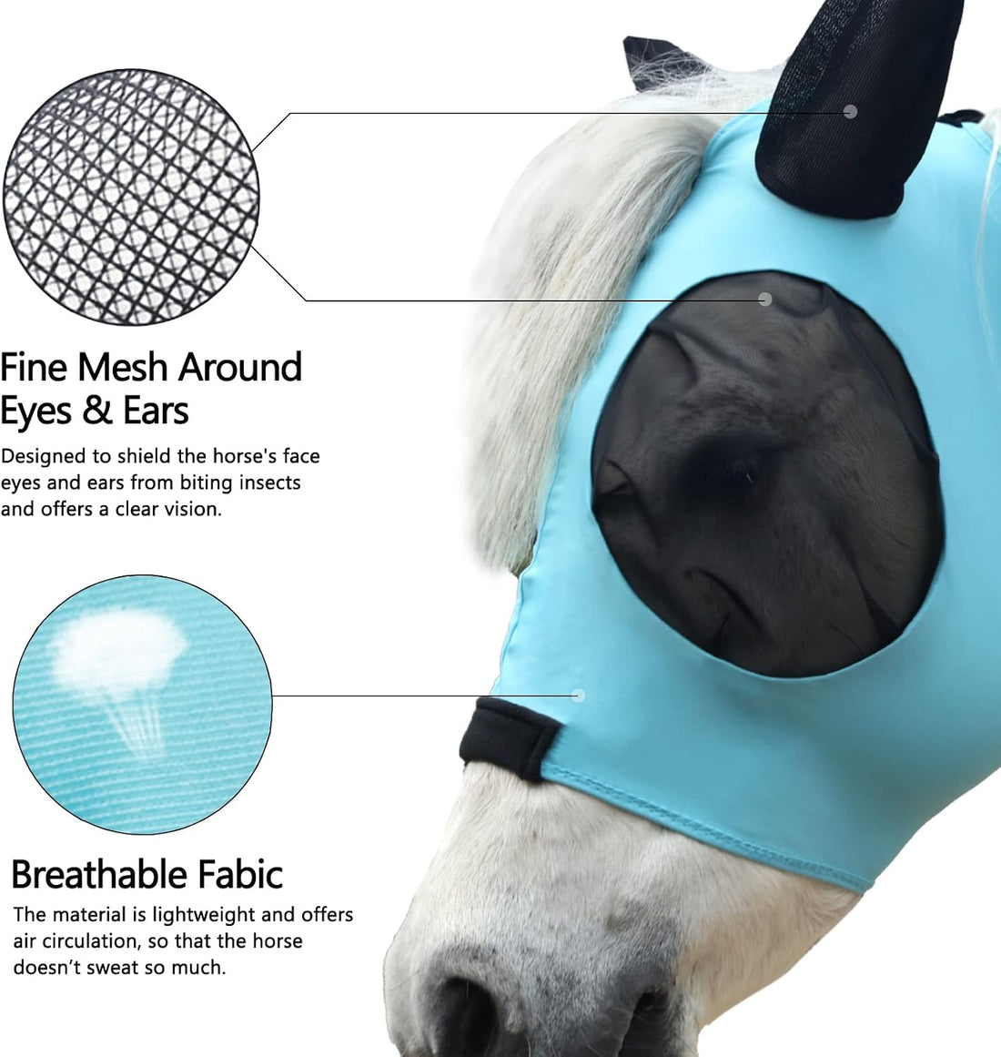 Stretchy Horse Fly Mask with Ears, Large Eye Space Paleblue Cob